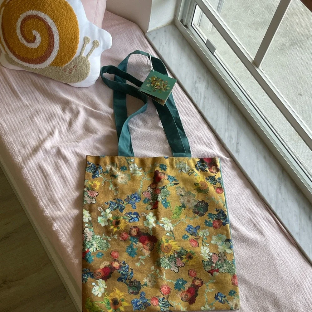 Van Gogh Floral Fabric Tote Bag with Green Handles